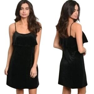 Le Lis Mini Dress Black Ribbed Velour Velvet Spaghetti Strap Bust Overlay Medium